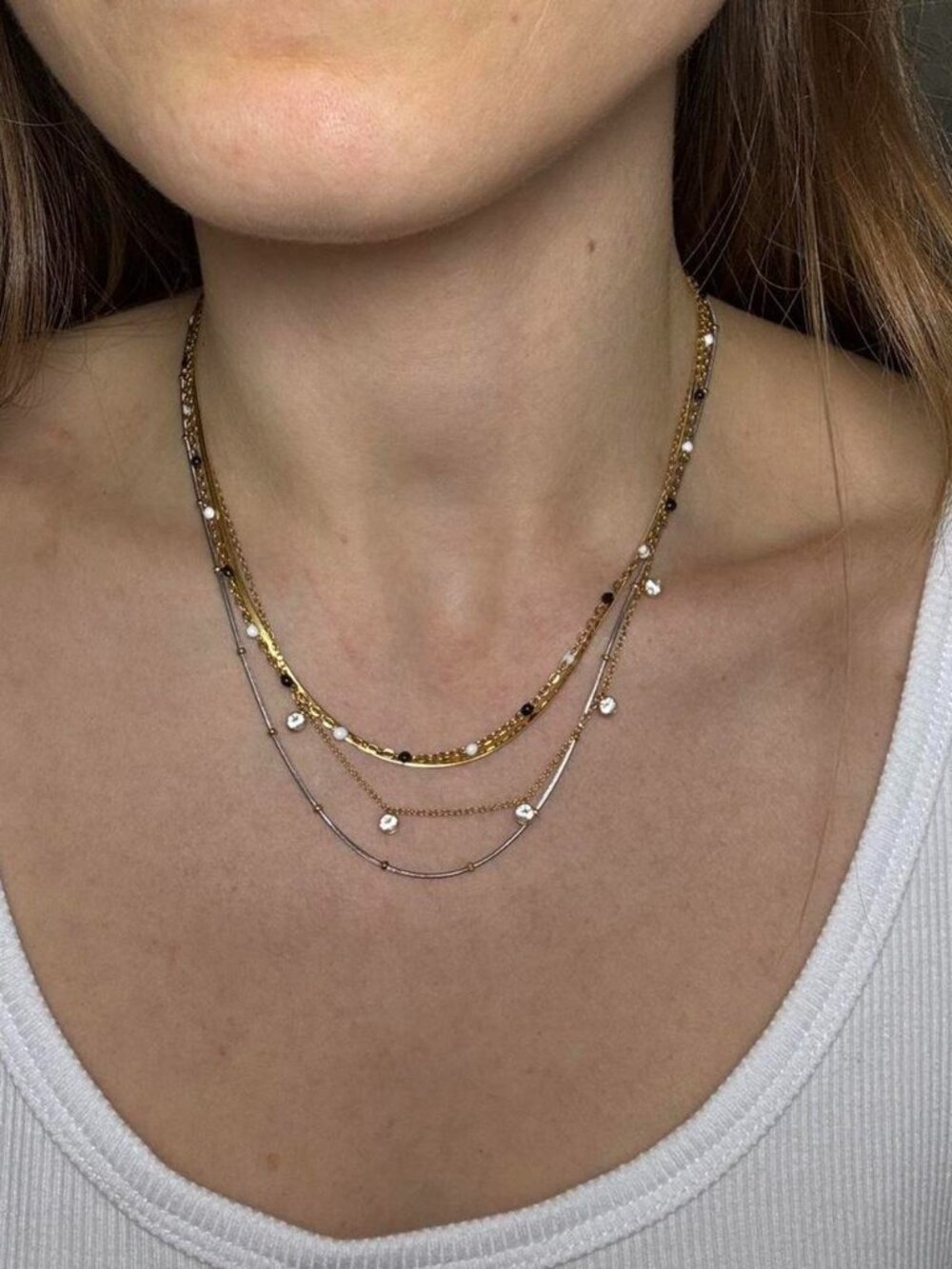The Bobbie  Dainty gold black & white beaded look necklace delicate jeweled chai